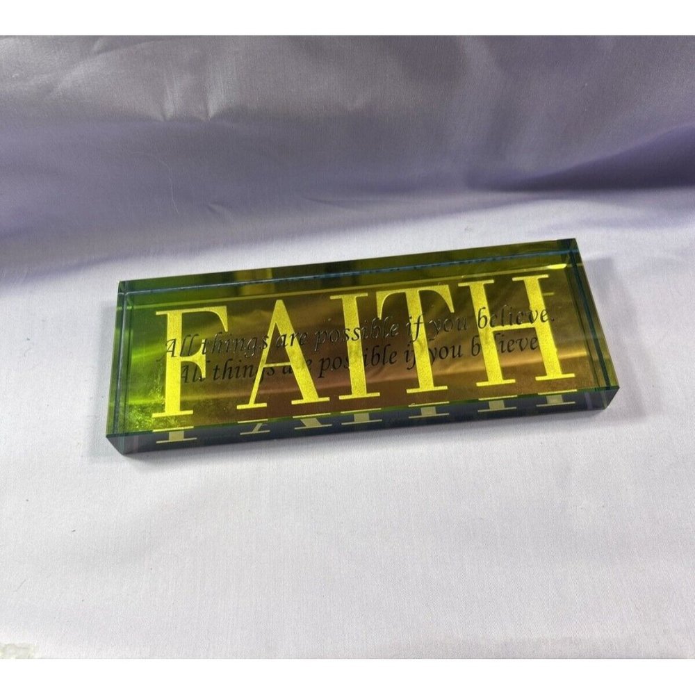 Glass Paperweight FAITH Etched All Things Are Possible If You Believe Heavy 8x3”
